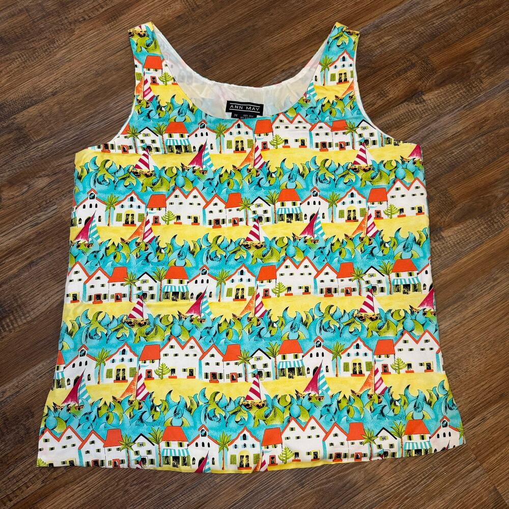 Ann May VINTAGE Beach themed sleeveless blouse Size Medium 100% SILK